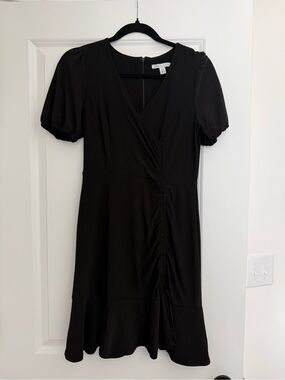Cato Black Midi Dress with Puff Sleeves and Ruched Front
